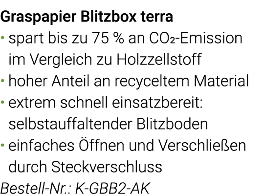 Graspapier Blitzbox terra spart bis zu 75 % an CO2-Emission im Vergleich zu Holzzellstoff hoher Anteil an recyceltem    