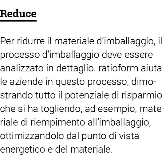 Reduce Per ridurre il materiale d imballaggio, il processo d imballaggio deve essere analizzato in dettaglio  ratiofo   