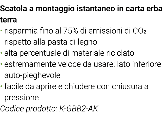 Scatola a montaggio istantaneo in carta erba terra risparmia fino al 75% di emissioni di CO2 rispetto alla pasta di l   