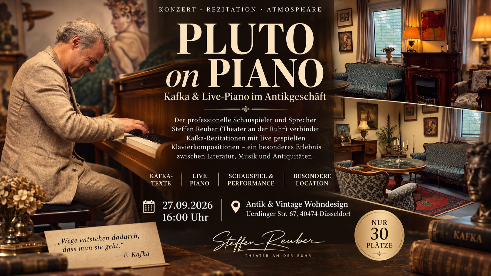 Leistung "PLUTO on PIANO" – Kafka & Live Piano in einzigartiger Atmosphäre zwischen Antiquitäten