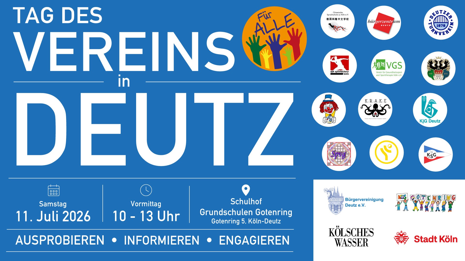 In Deutz aktiv - Tag des Vereins am Samstag, 11. Juli 2026, Schulhof der Grundschulen am Gotenring. 10 - 13 Uhr