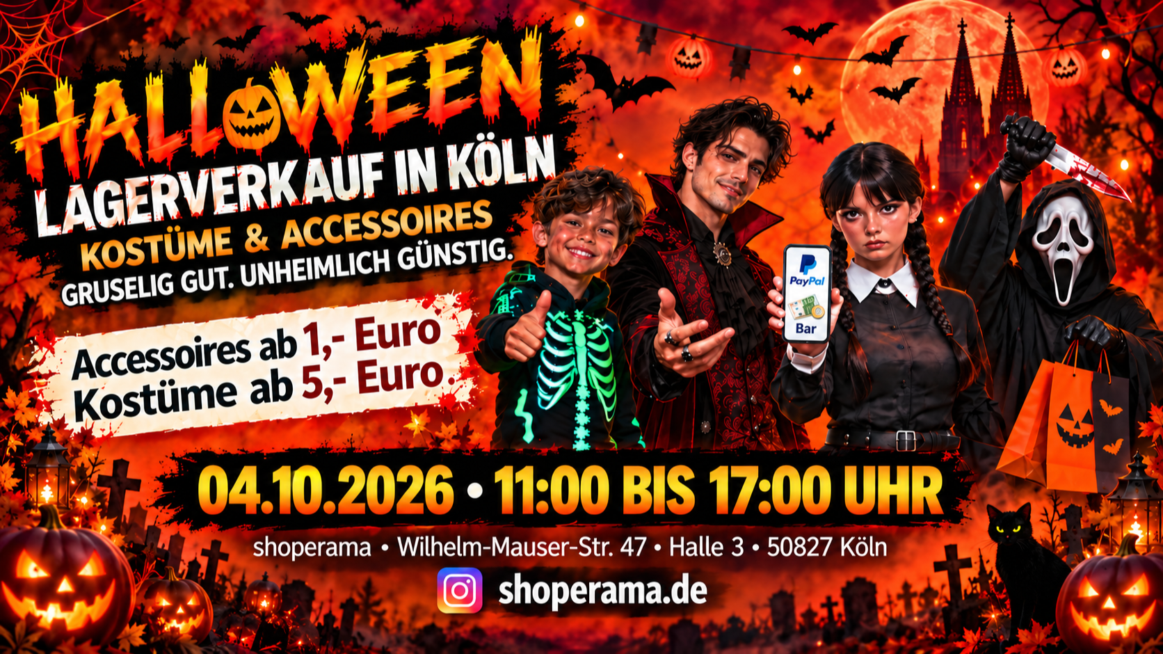 GROSSER HALLOWEEN LAGERVERKAUF Kostüme & Accessoires Damen/Herren/Kinder I Vintage-Shirts I Kerzen uvm.