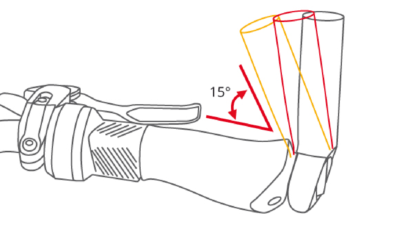 Zeichnung von einem winkelverstellbaren Bar End. Es kann somit perfekt auf die ergonomisch gewünschte Position eingestellt werden. 