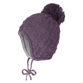 MINI-Mütze ausgenäht Struktur Norwegerstern, großes Pompon, vintage violet