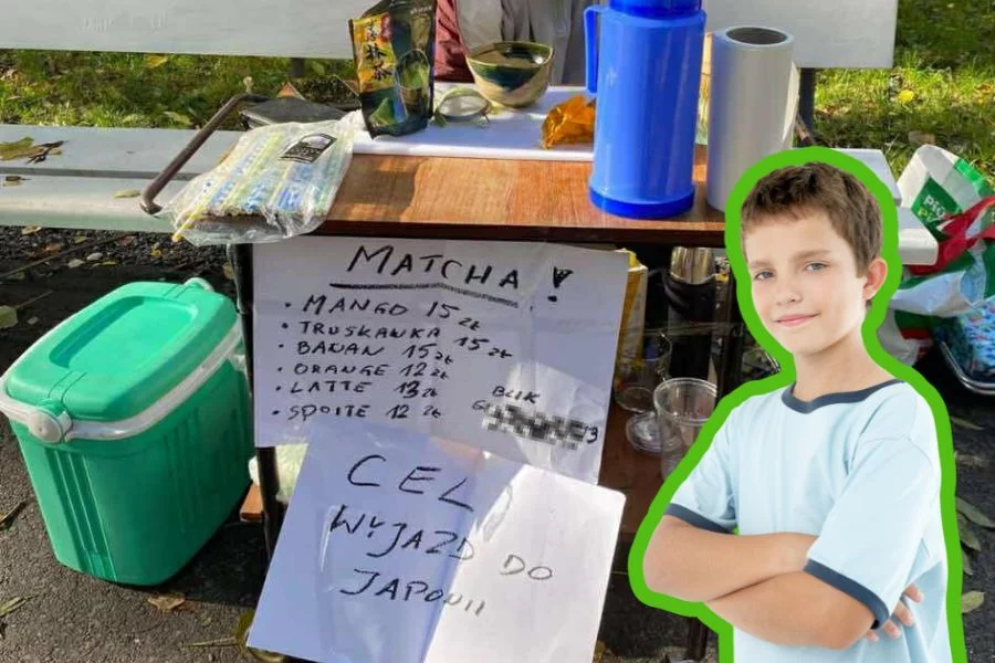 Początkujący inwestor? Chłopiec sprzedaje matchę zamiast lemoniady, bo to Saska Kępa