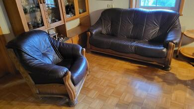Sofa 3-Sitzer, Sessel, Leder/Eichenholz massiv