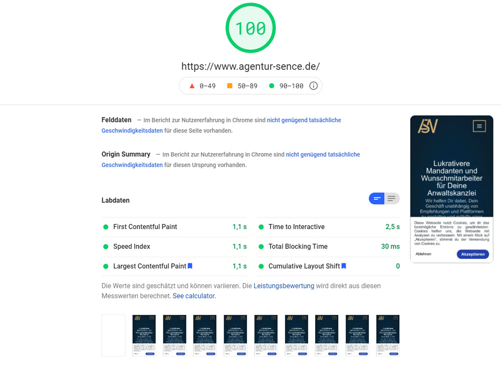 PageSpeed der Agentur Sence PageSpeed der Agentur Sence