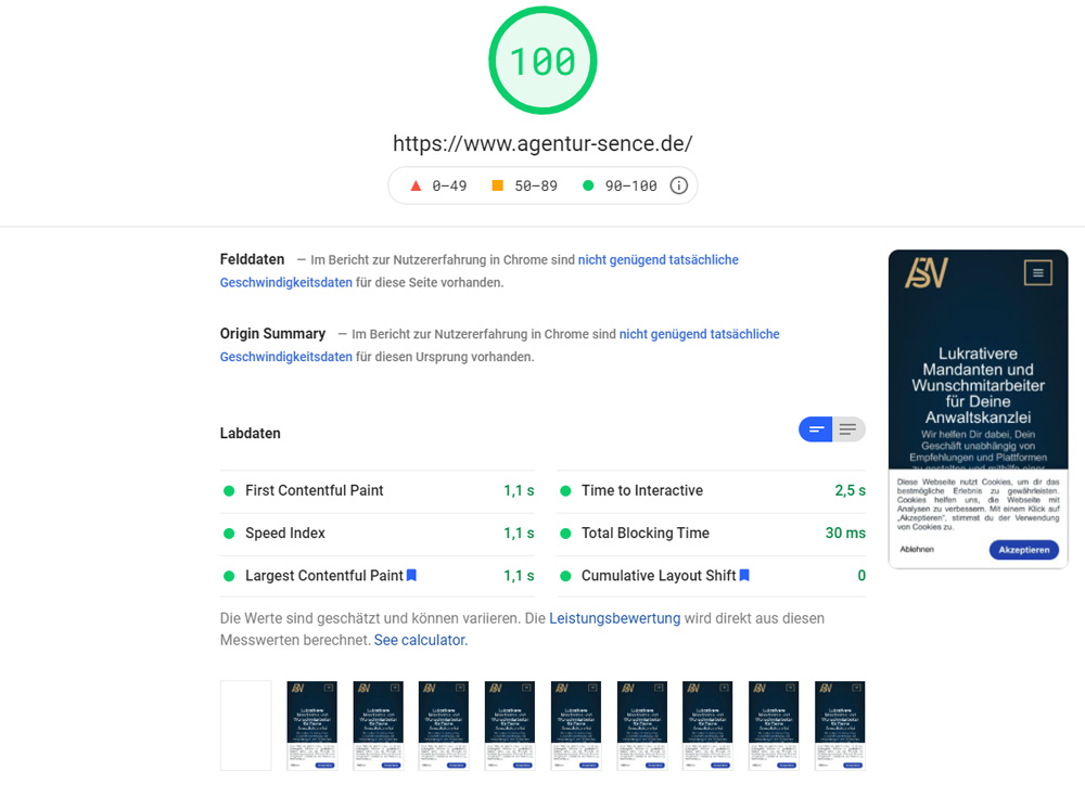 PageSpeed der Agentur Sence