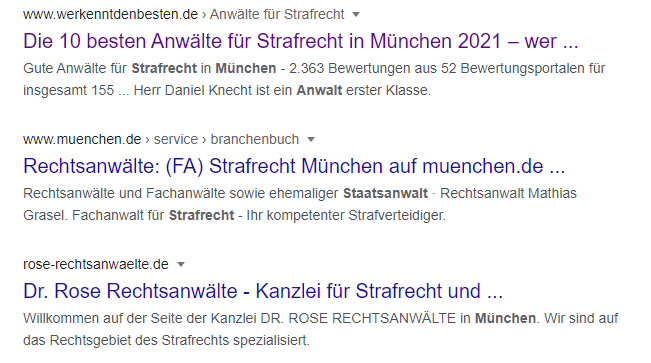 SERP-Einträge für den Begriff Strafrecht Anwalt München