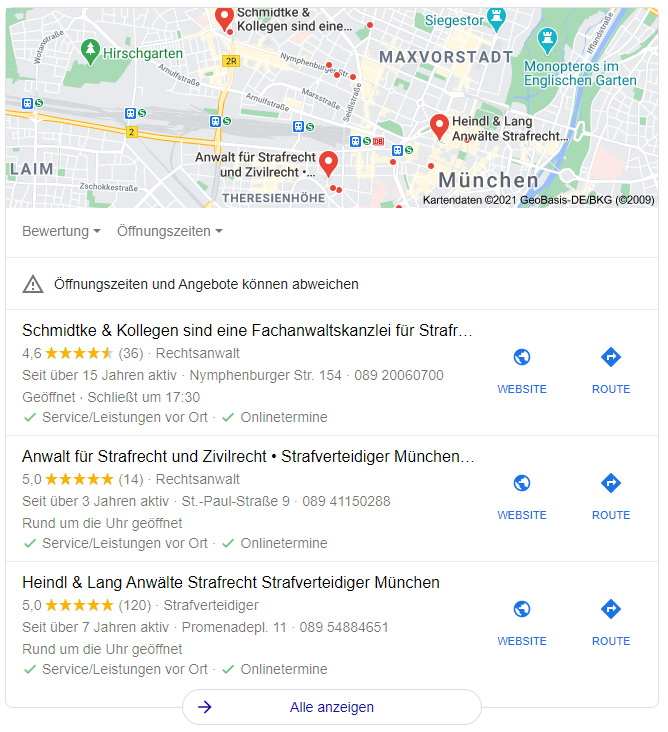 SERP Karte, Anwälte für Strafrecht in München