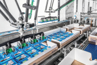 Zwei TLM-T4 Roboter entnehmen jeweils fünf Tafeln aus den Kartonsteigen und legen sie auf einem Transportband ab.