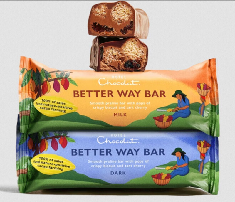 Hotel Chocolat's latest coup is The Better Way Bar — the chocolate bar where 100% of sales will go towards funding nature-positive cacao farming practices. (Image: Hotel Chocolat)