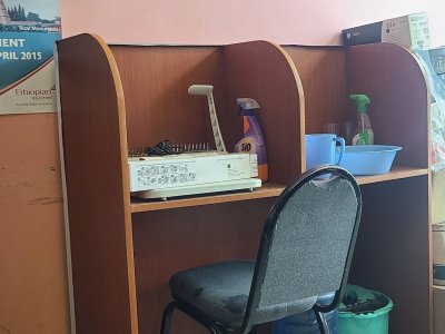 Glass Display, Table, Chairs