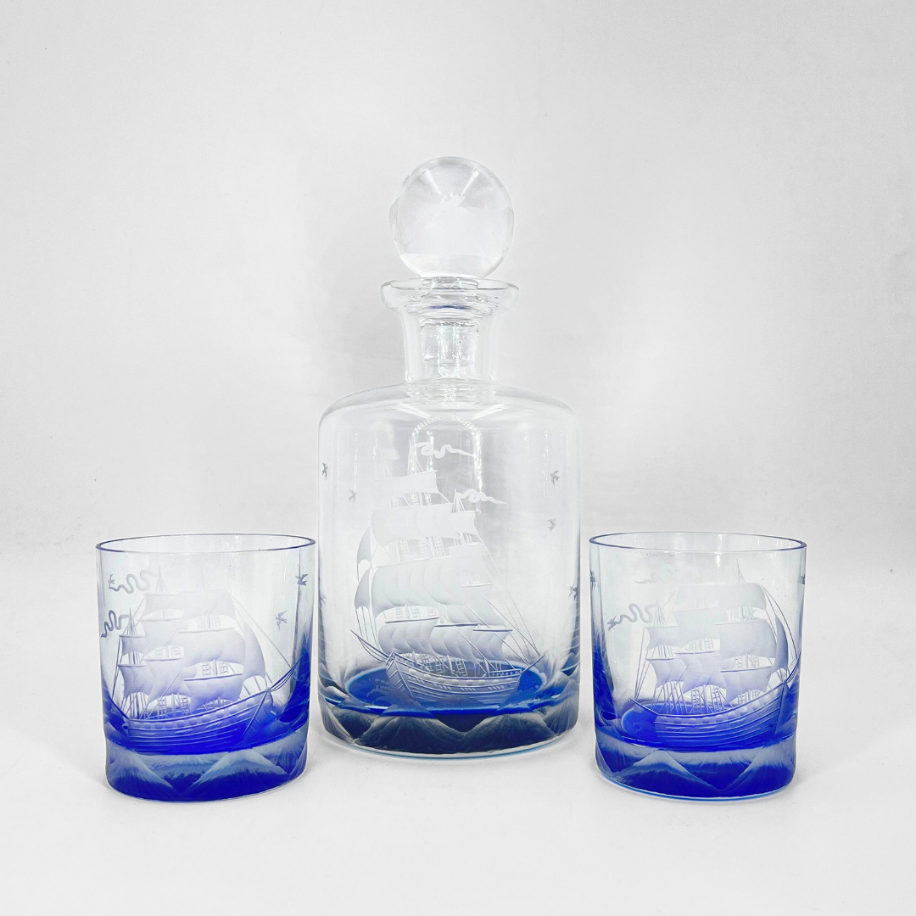 Mavi Gemi Desenli Karaf ve Bardak Seti