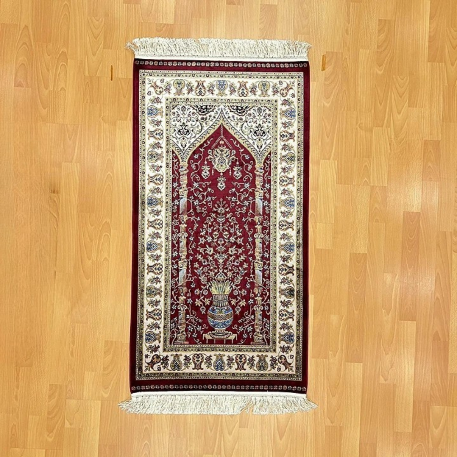 Mihraplı Ağaç Hayatı Desenli 70x120 CM İpek Seccade Bordo 