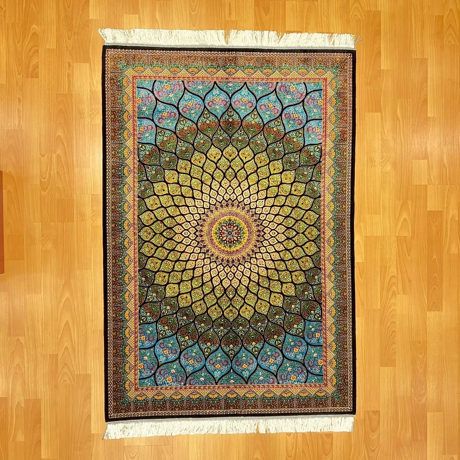 Geometrik/Madalyon Desenli 100 X 150 CM İpek Halı Yeşil