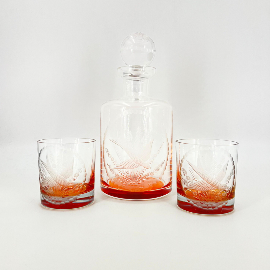 Gravür Kuş ve Çiçek Desenli Karaf ve Bardak Seti