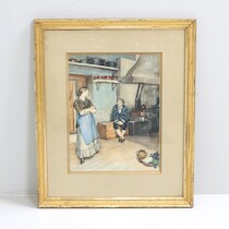 Carl Fredrik Von Saltza, "Besök i köket" akvarell, 47x35 på auktion i Skåne hos Sikö Auktioner