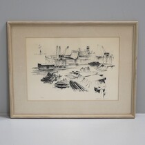 Björn Jonsson. Hamnmotiv. Litografi 15/310. 45x34 cm. på auktion i Skåne hos Sikö Auktioner