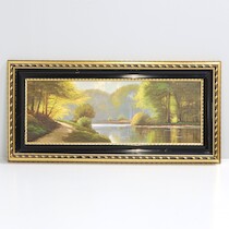 Landskapsmålning, olja på duk, oidentifierad konstnär, 87 X 31 cm på auktion i Skåne hos Sikö Auktioner