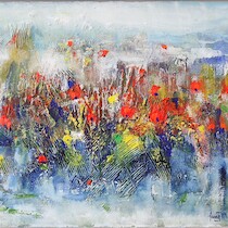 Jane Morten olja på duk 57 X 77, rammått 63 X 82 "En flygtig sommervind" på auktion i Skåne hos Sikö Auktioner