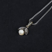 Halsband med hänge, vitguld med stenar och pärla, 18 K, längd 38 cm, vikt 3,4 gram på auktion i Skåne hos Sikö Auktioner