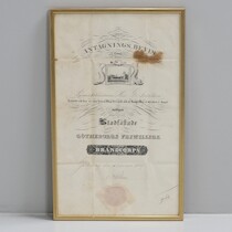 Antagningsbevis, Brand corps, Göteborg , 1849, 48 X 29 cm på auktion i Skåne hos Sikö Auktioner