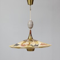 Einar Bäckström taklampa med hiss mässing textil 1960-tal D=60 på auktion i Skåne hos Sikö Auktioner