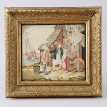 Broderad tavla 1800-tal 26 X 29, rammått 41 X 44 på auktion i Skåne hos Sikö Auktioner