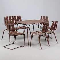 Trädgårdsgrupp 6 delar, teak stålrör "Solliden", Herman Perssons Järn- & Trämanufaktur, Bjärnum. soffa L=110 b på auktion i Skåne hos Sikö Auktioner