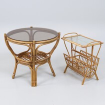 Soffbord och tidningsbord, bambu, rotting och glas, diameter 72 cm och mindre på auktion i Skåne hos Sikö Auktioner