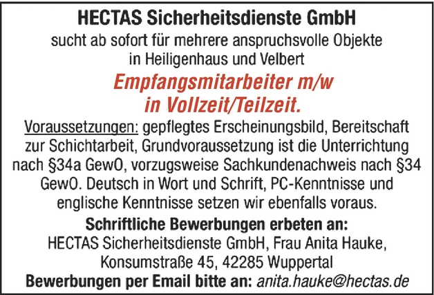 hectas sicherheitsdienste gmbh sucht ab sofort fr mehrere anspruchsvolle objekte in heiligenhaus und velbert empfangsmitarbeiter mw in vollzeitteilzeit - Bewerbung Empfangsmitarbeiter hectas sicherheitsdienste gmbh sucht ab sofort fr mehrere anspruchsvolle objekte in heiligenhaus und velbert empfangsmitarbeiter mw in vollzeitteilzeit - Bewerbung Empfangsmitarbeiter