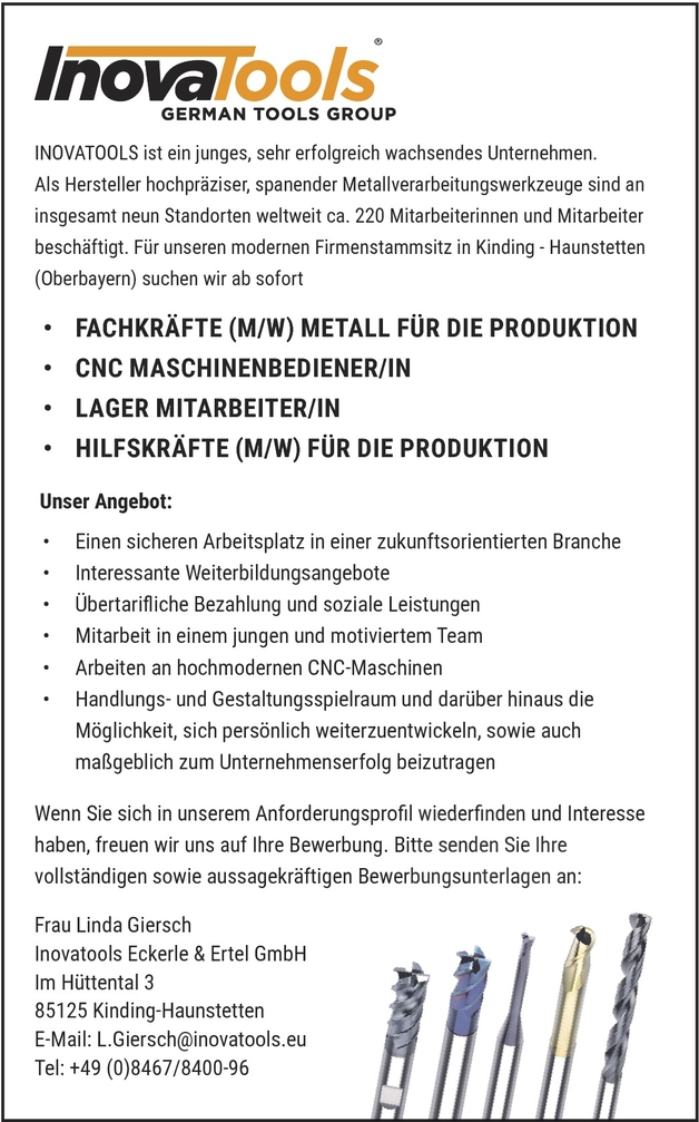 inovatools ist ein junges sehr erfolgreich wachsendes unternehmen als hersteller hochprziser spanender metallverarbeitungswerkzeuge sind an insgesamt - Bewerbung Maschinenbediener inovatools ist ein junges sehr erfolgreich wachsendes unternehmen als hersteller hochprziser spanender metallverarbeitungswerkzeuge sind an insgesamt - Bewerbung Maschinenbediener
