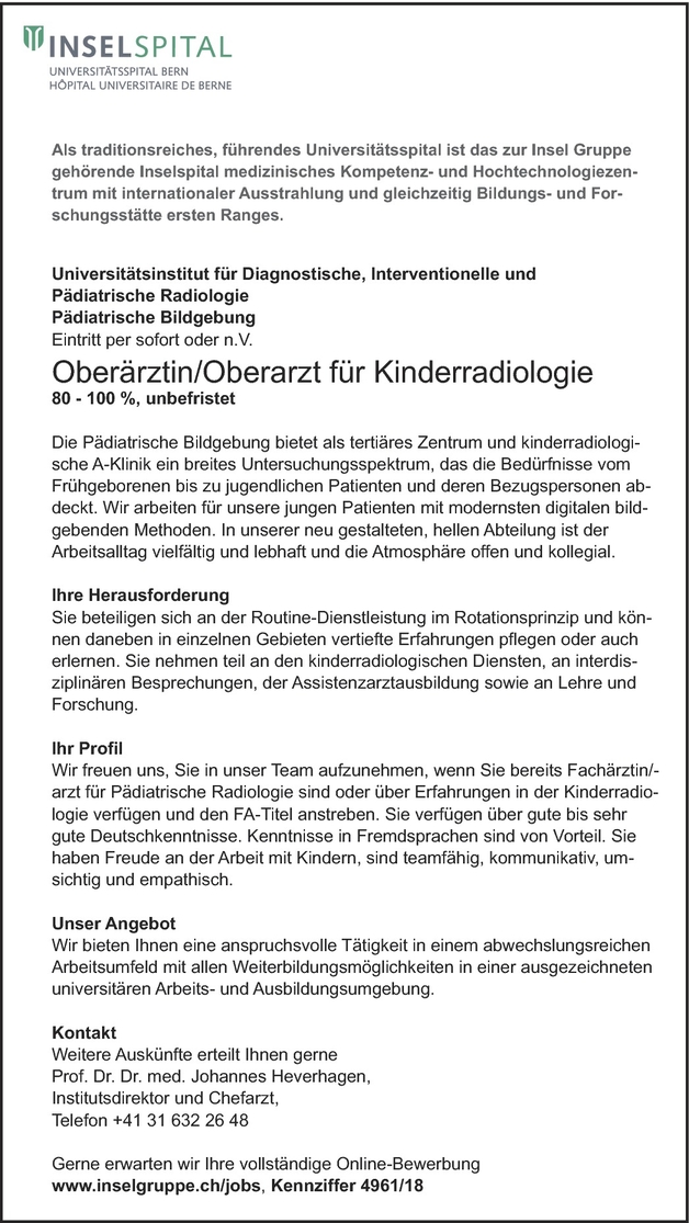 Oberärztinoberarzt Kinderradiologie 80 100 Unbefristet In Bern