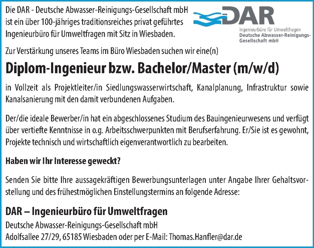 Diplom Ingenieur Siedlungswasserwirtschaft M W D In Wiesbaden
