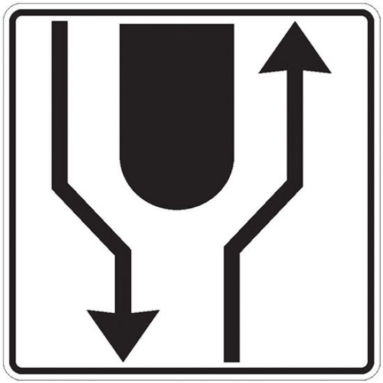emnificație: Însoțește de regulă indicatorul de localitate sau un indicator de avertizare. Informează conducătorii auto că la intrarea în localitate drumul este reconfigurat cu o insulă fizică de calmare a traficului (o alveolă/scenă pe mijlocul drumului care deviază ușor traiectoria).
Conduită: Redu viteza din timp (pentru a intra în localitate cu maximum 50 km/h). Păstrează cu atenție banda de rulare, urmând noua geometrie a drumului, pentru a nu lovi bordurile insulei separatoare.