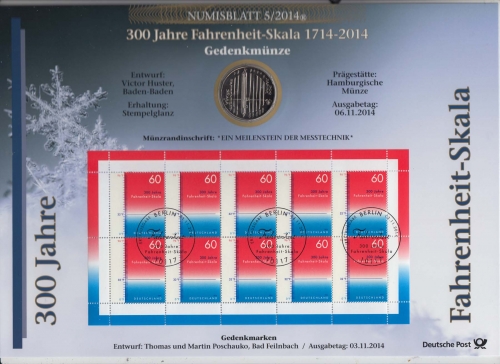 Bund Numisblatt 2014-5, Fahrenheit - Skala, 10,00 Euro