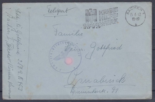 Feldpost Brief aus Aachen nach Osnabrück