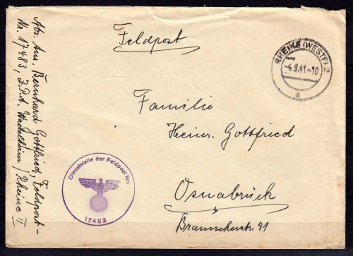Feldpost Brief aus Rheine nach Osnabrück