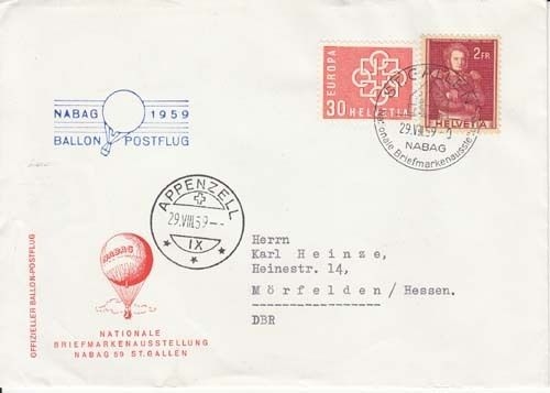 Schweiz Ballon-Postflug 1959 St.Gallen - Appenzell