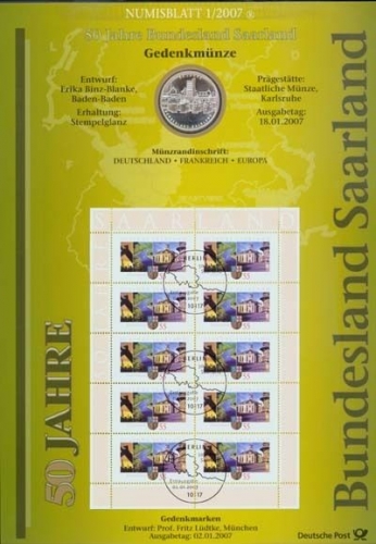 Bund Numisblatt 2007-1 Saarland 10,00 Euro