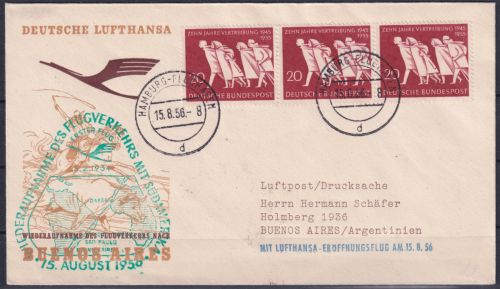 Bund 215 x 3er Streifen auf Erstflug Brief nach Argentinien der Lufthansa