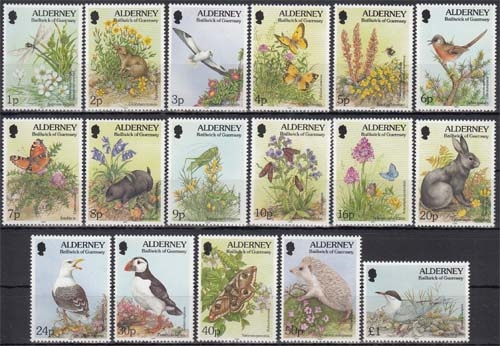 Alderney MiNr. 65/81 A ** Freimarken: Fauna und Flora