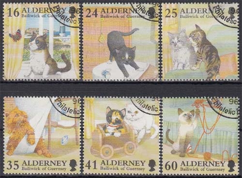 Alderney MiNr. 94/99 O Katzen