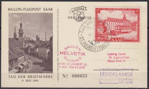 Saarland MiNr. 349 FDC, SST + Ballonpost Schweiz