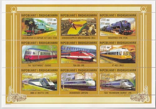 Madagaskar MiNr. 2054/62 A ** Transportmittel: Eisenbahnen, Autos, Flugzeuge
