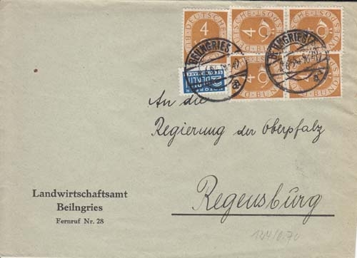 Bund MiNr. 5x 124 auf R-Brief nach Regensburg