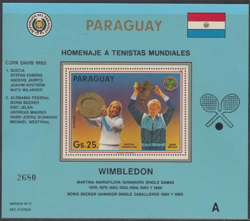 Paraguay MiNr. Bl. 437 ** Tennisspieler Becker + Navratilova