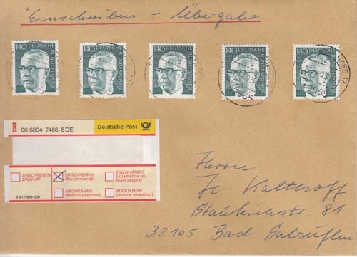 Bund 5 x 729 auf R-Brief aus Bramsche nach Bad Salzuflen
