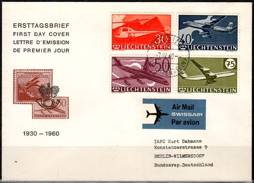 Liechtenstein MiNr. 391/94 O 30 Jahre Flugpostmarken in Liechtenstein auf FDC